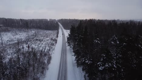 Aerial-view-of-winter-road-alley-surrounded-by-snow-covered-trees-in-overcast-winter-day,-small-snowflakes-falling,-car-driving-trough,-wide-angle-ascending-drone-shot-moving-forward