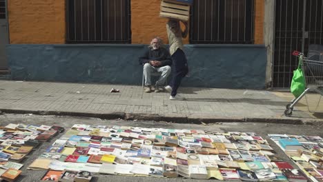 Static-shot-of-bookseller-at-Feria-Tristan-Narvaja,-Montevideo