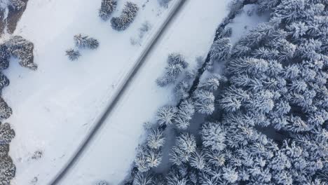 Aerial-forward-top-down-over-snowy-forest-and-deserted-road