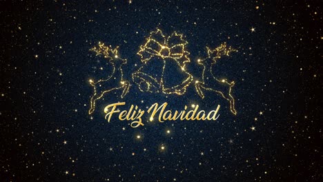 Beautiful-Seasonal-animated-motion-graphic-of-reindeers-and-bells-depicted-in-glittering-particles-on-a-starry-background,-with-the-seasonal-message-�Feliz-Navidad�-appearing