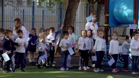 Footage-from-national-holiday-celebration-of-October-28th,-kindergarten-at-Athens,-Greece,-during-coronavirus-outbreak