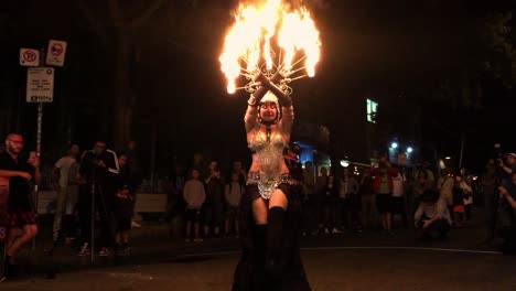 Fire-Belly-Dancer-at-night,-Kensington-Market