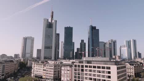 Static-shot-of-Frankfurt-Skyline-Skyscraper-aerial-bank-office-Buildings-Panorama-view,-Frankfurt,-Hessen,-Germany