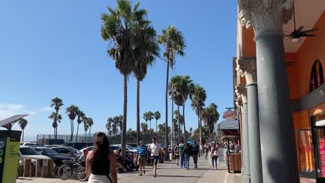 Gente-Caminando-Por-El-Famoso-Paseo-Marítimo-De-Venice-Beach-En-El-Sur-De-California-Bordeado-De-Palmeras-Icónicas-Del-Sur-De-California