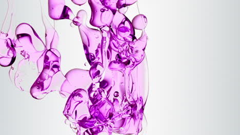 Burbujas-Transparentes-De-Aceite-Púrpura,-Rosa-Y-Violeta-Y-Formas-Fluidas-En-Agua-Purificada-Sobre-Un-Fondo-Degradado-Blanco