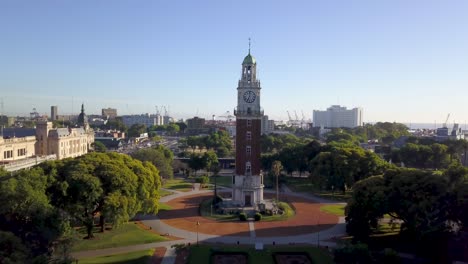 Aerial-shot-of-Torre-Monumental-in-Fuerza-Aerea-Square,-Buenos-Aires