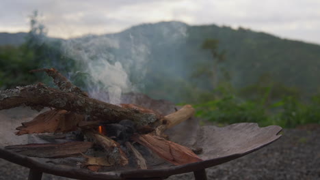 Campfire-Close-Up-overlooking-green-rainforest-mountain-and-valley