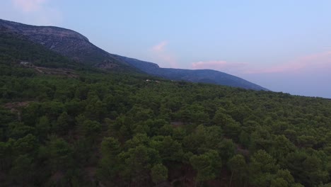 Ascending-aerial-view-of-forest-landscape-and-distant-hills-sloping-toward-the-sea-in-Dalmatia