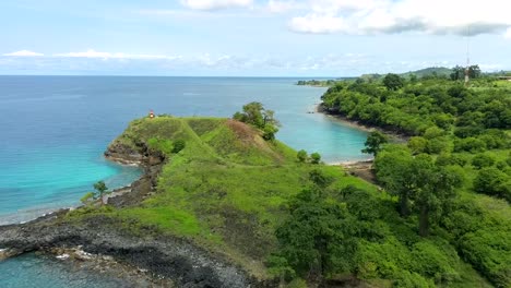 Aerial-over-tropical-Blue-lagoon-beach,-São-Tomé-Island