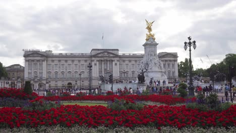 Flores-Rojas-Frente-Al-Palacio-De-Buckingham-En-Londres,-Gente-Caminando,-Tiro-Estático-De-Gran-Angular