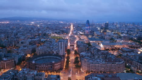 Aerial-view-of-Grand-Via-with-Plaça-de-Tetuan,-Barcelona,-Spain