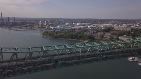 Aerial-Over-Maurice-J-Tobin-Memorial-Bridge-With-Cars-Going-By,-Boston