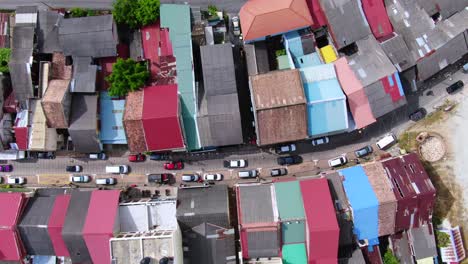 Drone-Aerial-Footage-Taken-in-Chinatown,-a-traditional-old-town-in-Kuala-Trengganu,-Malaysia