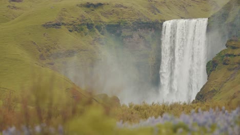Mittlere-Aufnahme-Des-Isländischen-Skogafoss-Wasserfalls-Mit-Gras-Im-Vordergrund