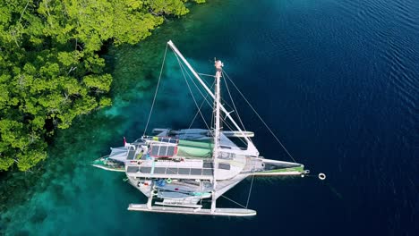 Bigkanu-trimaran-sailboat-in-an-expedition-to-a-coral-reef-island-area,-Aerial-circle-shot