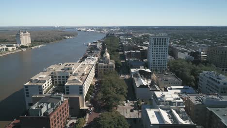 Aerial-View-of-Historic-Downtown-Savannah,-Georgia-USA-Near-The-Savannah-River