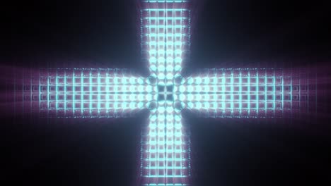 Drehendes-Hellblau-Beleuchtetes-Kreuz,-Schwarzer-Hintergrund,-Strahlendes-Licht,-3D-Bewegung