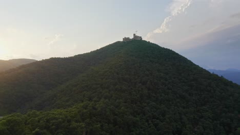 Late-afternoon-view-of-the-Montsoriu-castle-hilltop-monastery-in-Catalonia,-Spain