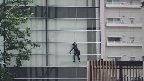 Un-Hábil-Limpiador-De-Ventanas-Limpiando-El-Vidrio-En-El-Exterior-De-Un-Edificio-Alto-En-Tokio,-Japón