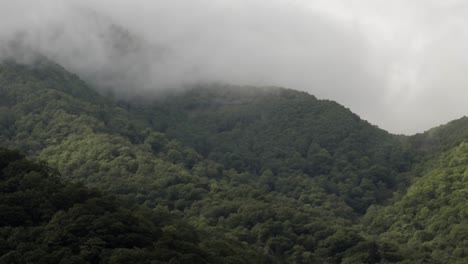 Toma-Manual-De-Nubes-Pesadas-Que-Se-Difunden-A-Través-De-La-Densa-Vegetación-Montañosa,-Hokkaido,-Japón