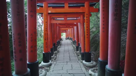 Walking-Down-Through-The-Tori-Gates-At-The-Fushimi-Inari-Shrine-In-Kyoto,-Japan---POV-shot---wide-hyper-lapse