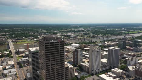 Aerial-View-of-Downtown-Little-Rock,-Arkansas-USA,-Corporate-Buildings-on-Summer-Day,-Drone-Shot