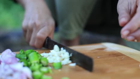 Close-up---hands-chopping-garlic,-Cooking-Stock-Footage,-Kitchen-Stock-Footage,-Clay-Product-Stock-Footage