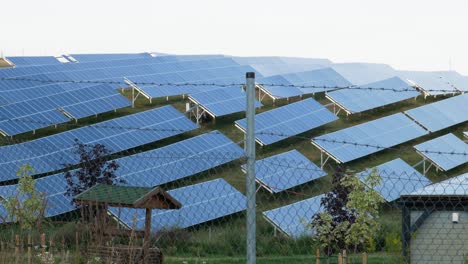 Solar-power-station,-renewable-energy,-solar-panels-behing-barbed-wire-fence-in-total-protection-area