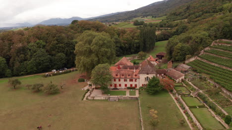 Flying-away-from-beautiful-old-building-in-Swiss-countryside