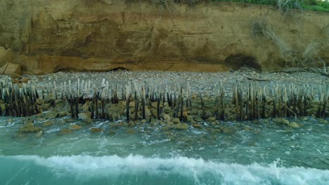 Stone-and-wooden-barrier-against-sea-erosion-on-Popa-beach,-Dominican-Republic