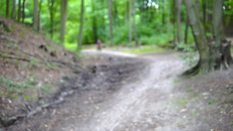 Wide-shot-out-of-focus-of-mountain-biker-riding-on-path-in-forest-during-daylight