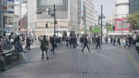 Pedestrians-Walking-At-Shibuya-Crossing-Amidst-COVID-19-From-Hachiko-Square-In-Tokyo,-Japan