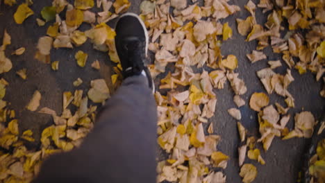 Zeitlupen-Spaziergang-Durch-Goldene-Und-Gelbe-Blätterhaufen-Aus-Der-Top-Down-Perspektive