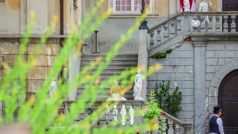 Bride-Climbing-Stairs-At-Statenberg-Castle-Viewed-Through-Plants