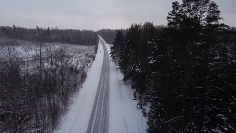 Aerial-view-of-winter-road-alley-surrounded-by-snow-covered-trees-in-overcast-winter-day,-small-snowflakes-falling,-car-driving-trough,-wide-angle-drone-shot-moving-forward