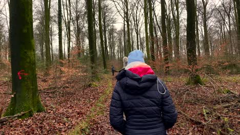 Slow-motion-tracking-shot-of-female-person-dressed-in-winter-clothes-walking-outdoors-in-colorful-forest-with-high-trees