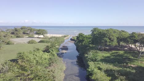 Drone-Volando-Hacia-El-Océano-Desde-El-Resort-Junto-Al-Mar-En-Antena-4k-República-Dominicana-Puerto-Plata