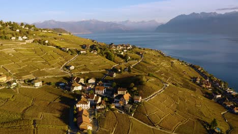 Aerial-shot-climbing-in-diagonal-above-Aran,-Lavaux---Switzerland,-revealing-Grandvaux-and-Lavaux-vineyard-in-the-background