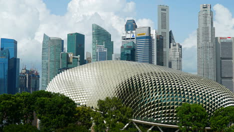 Singapore---Circa-Timelapse-of-the-famous-Esplanade---Theaters-on-the-Bay-in-Singapore-with-the-skyline-of-skyscrapers-in-the-background
