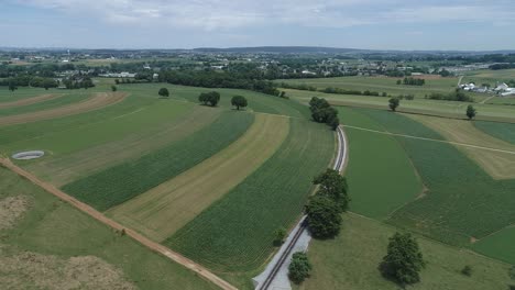 Aerial-View-of-Amish-Farm-Land-by-Rail-Road-Track