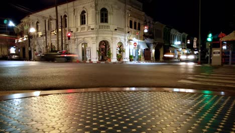 Hyperlapse-landscape-architecture-view-of-the-ancient-local-street-with-beautiful-shino-portuguese-architecture-town-house-building-in-Phuket-old-town-in-evening-sunset-time