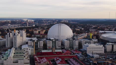 Wide-aerial-orbit-shot-of-Ericsson-Globe-in-Stockholm-Sweden