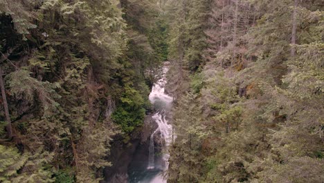 Nach-Oben-Geneigte-Aufnahme-Zeigt-Einen-Kleinen-Fluss-Und-Einen-Wasserfall,-Umgeben-Von-Wäldern-In-Vancouver