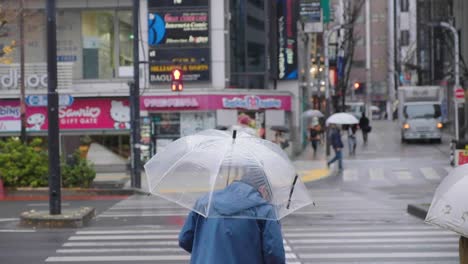 Pedestrian-at-a-crosswalk-in-downtown-Tokyo,-Japan