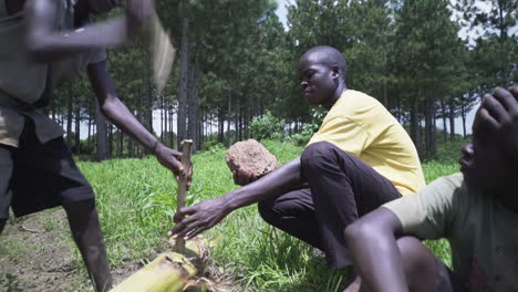 Kids-from-Ugandan-village-building-a-traditional-boat-with-hammering-sticks-through-banana-trunks