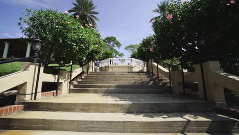 Langsames-Aufspüren-Der-Stufen-In-Einem-Garten-Mit-Hibiskusblüten-Und-Palmen