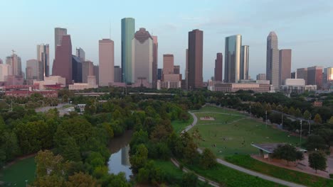 Establishing-aerial-shot-of-downtown-Houston-in-the-evening