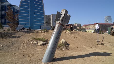 Unexploded-Armenian-missile-on-display-in-Trophy-park,-Baku,-Azerbaijan