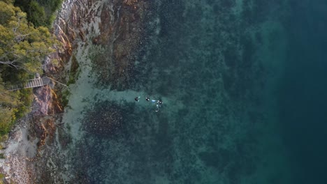 Unique-high-drone-view-looking-down-on-a-group-of-scuba-getting-ready-setting-up-equipment-to-dive-a-tropical-reef-in-clear-blue-water