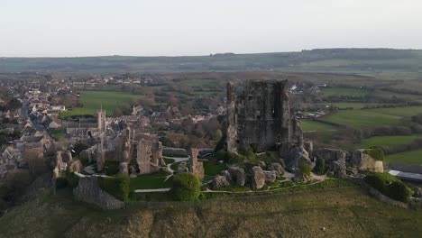 Corfe-Castle-ruins-and-beautiful-landscape-in-background,-County-Dorset-in-United-Kingdom